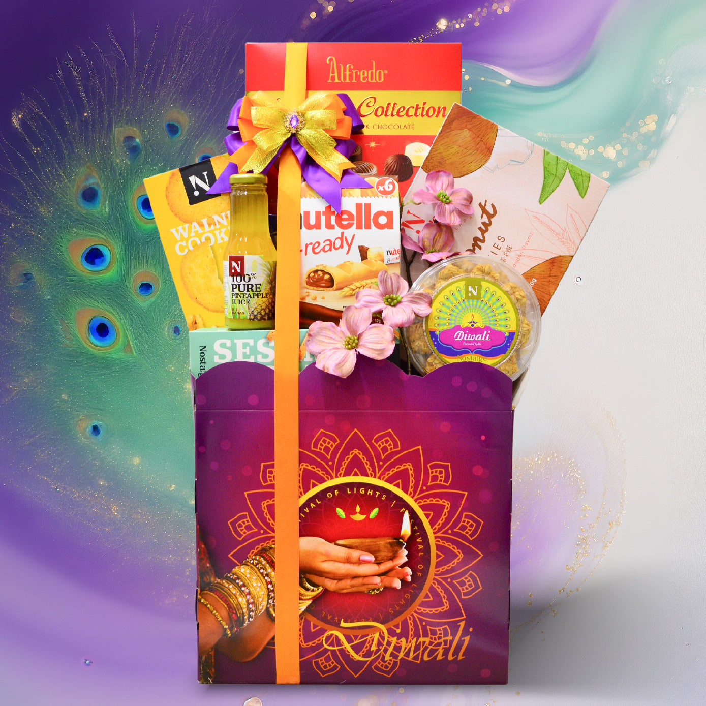 Gift basket with Diwali-themed packaging on a colorful background