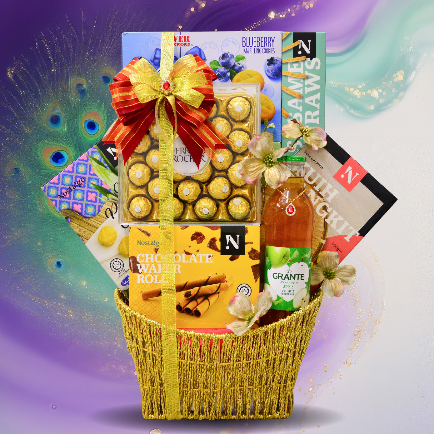 Gift basket with Nescafe, chocolates, and a bottle of Grante on a colorful background