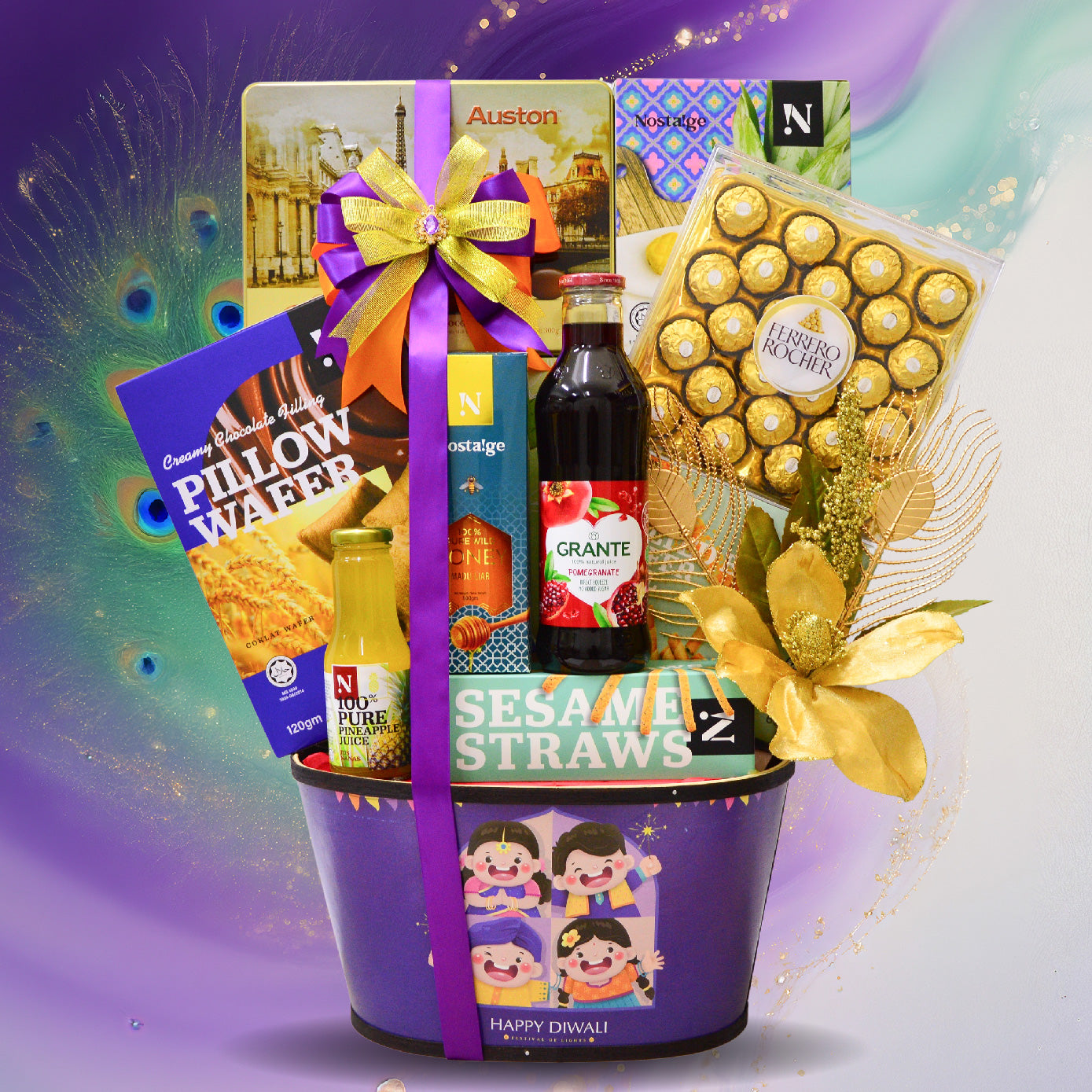 Gourmet gift basket with snacks, drinks, and flowers on a colorful background