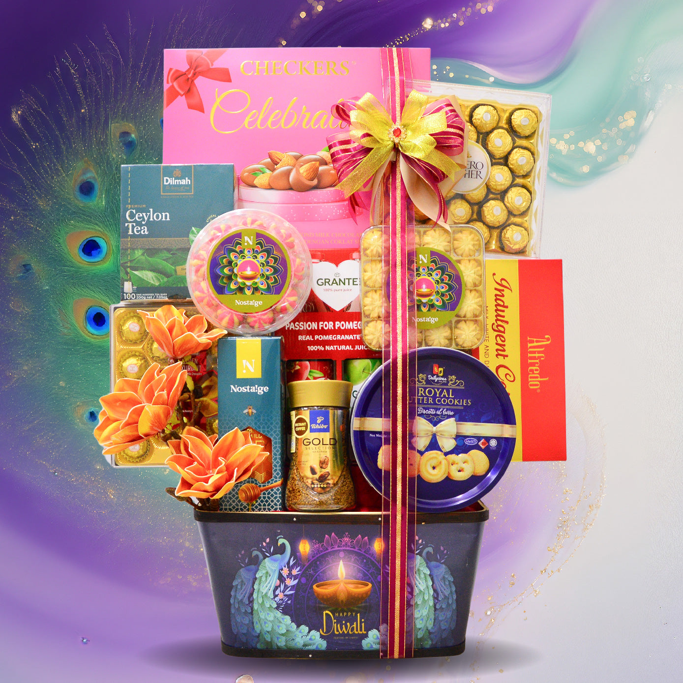 Gift basket with various items including tea, candies, and snacks on a colorful background