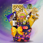 Gifting basket with Diwali-themed packaging and items on a colorful background