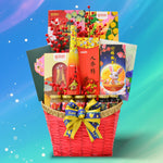 Gift basket with various items including a bottle, jars, and cards on a colorful background