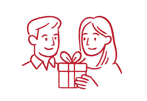 Red line drawing of a man and woman holding a gift box on a white background