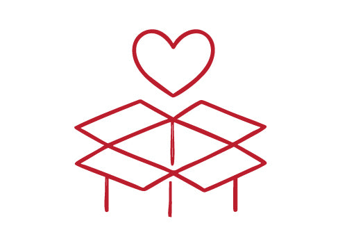 Red outline of a box with a heart above it on a white background