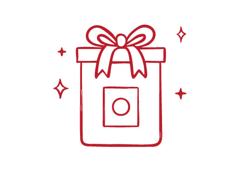 Red line drawing of a gift box with a bow on a white background