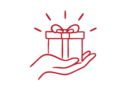 Red line drawing of a hand holding a gift with a bow on a white background