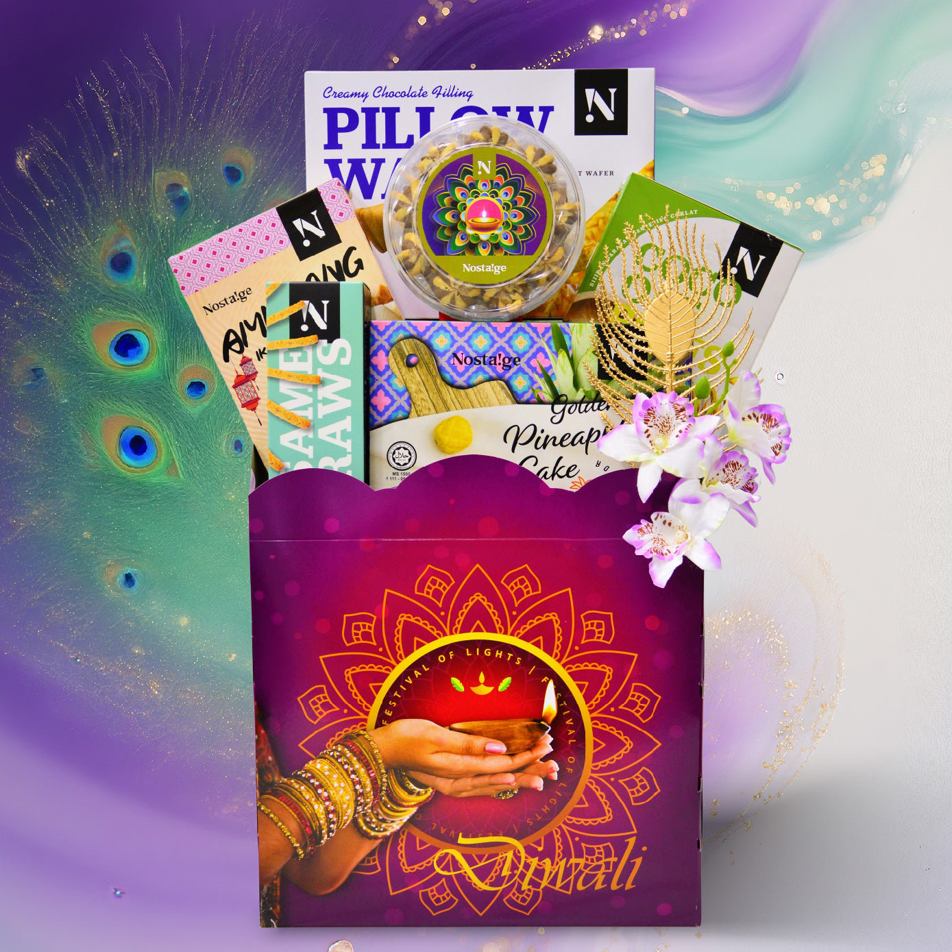 Gifting basket with Diwali-themed packaging and items on a colorful background
