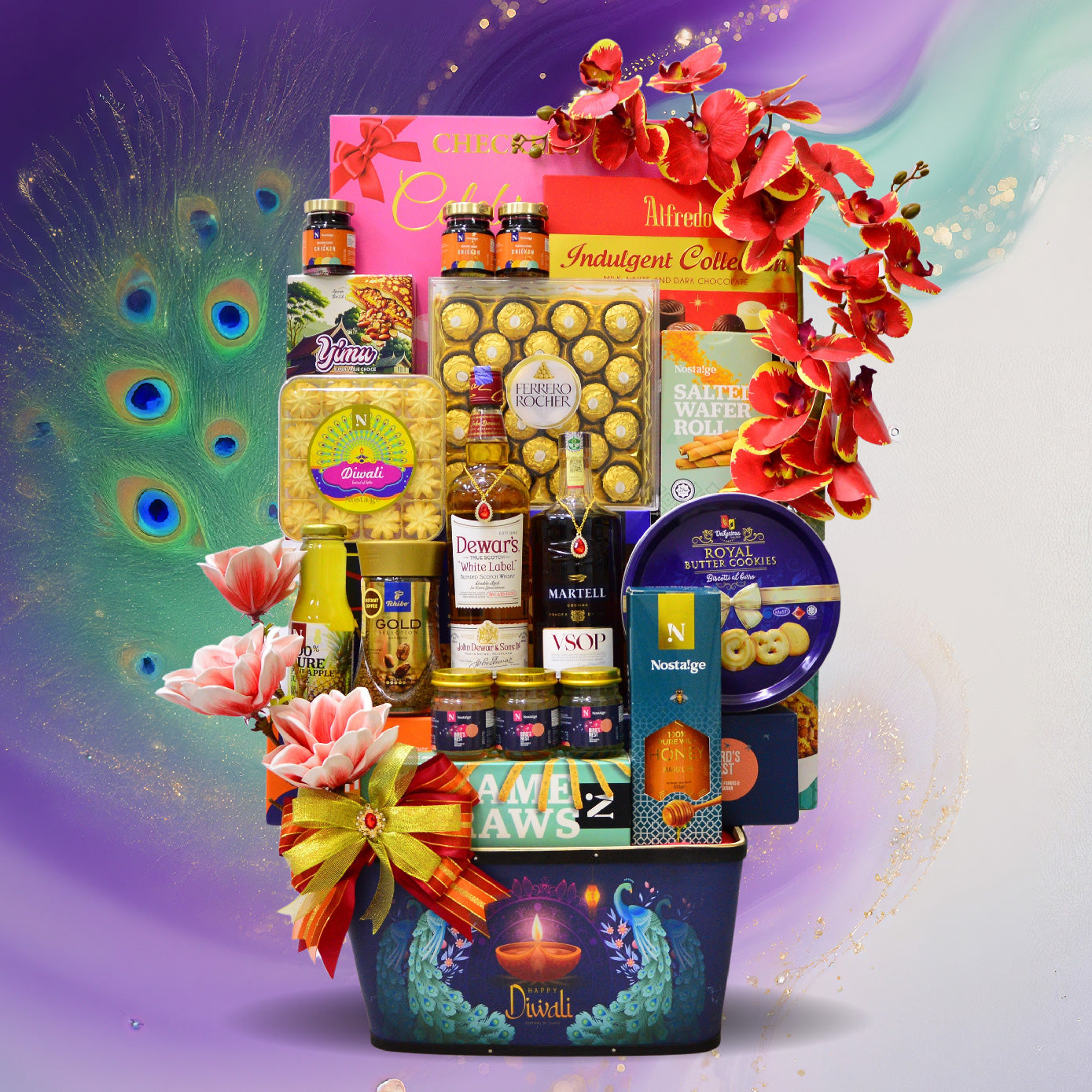 Gourmet gift basket with flowers and Diwali-themed packaging on a colorful background