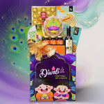 Diwali-themed gift basket with snacks and drinks on a decorative background
