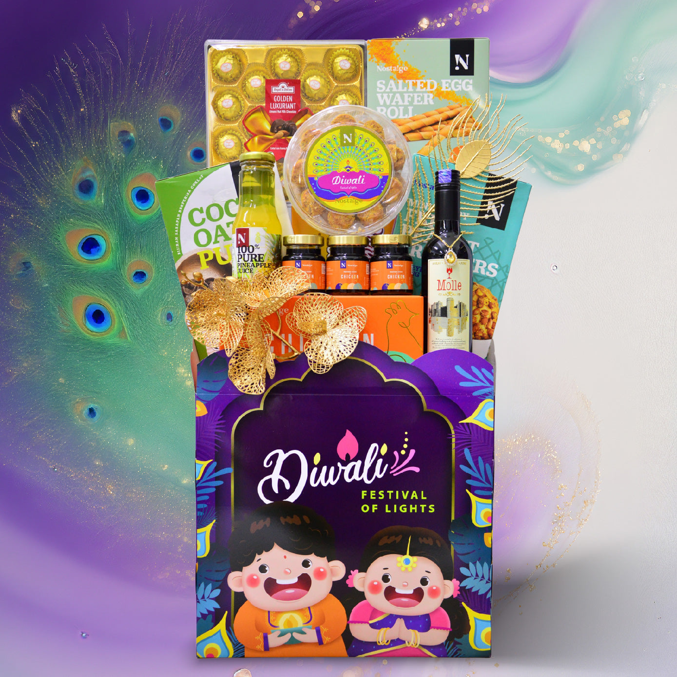 Diwali-themed gift basket with snacks and drinks on a decorative background