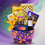 Gift basket with wine, chocolates, and flowers on a colorful background