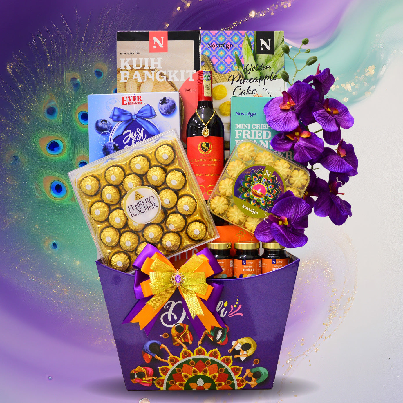 Gourmet gift basket with chocolates, cake, and wine on a colorful background