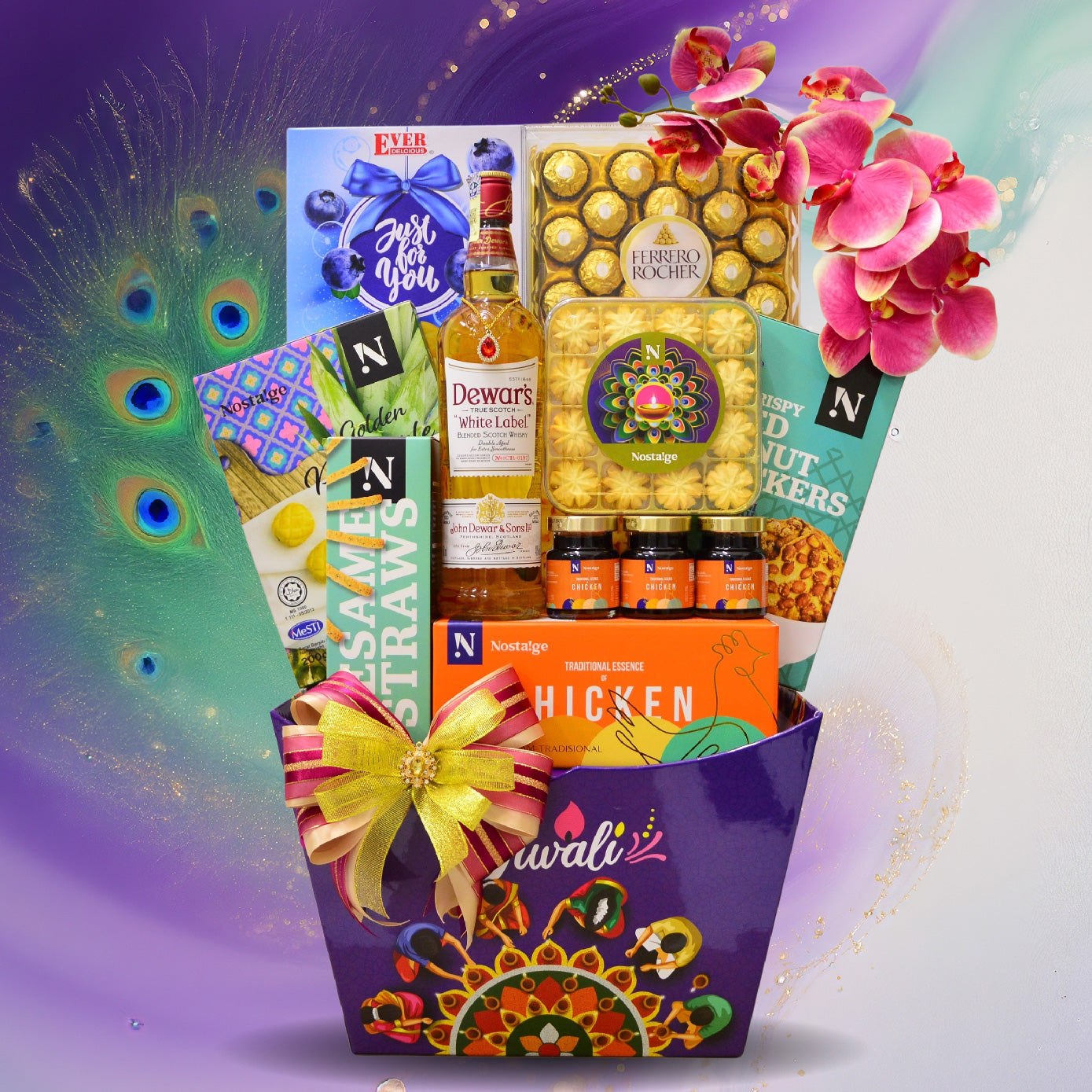 Gift basket with Dewar's whiskey, snacks, and decorative items on a colorful background