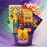 Gifting basket with Diwali-themed packaging and items on a colorful background