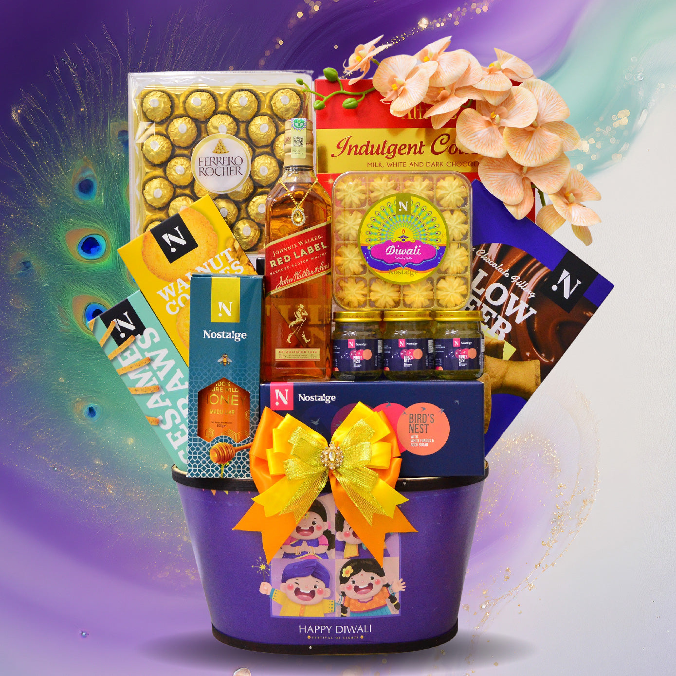 Gifting basket with Diwali-themed packaging and items on a colorful background