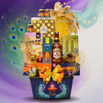 Gift basket with snacks, drinks, and Diwali-themed decor on a colorful background