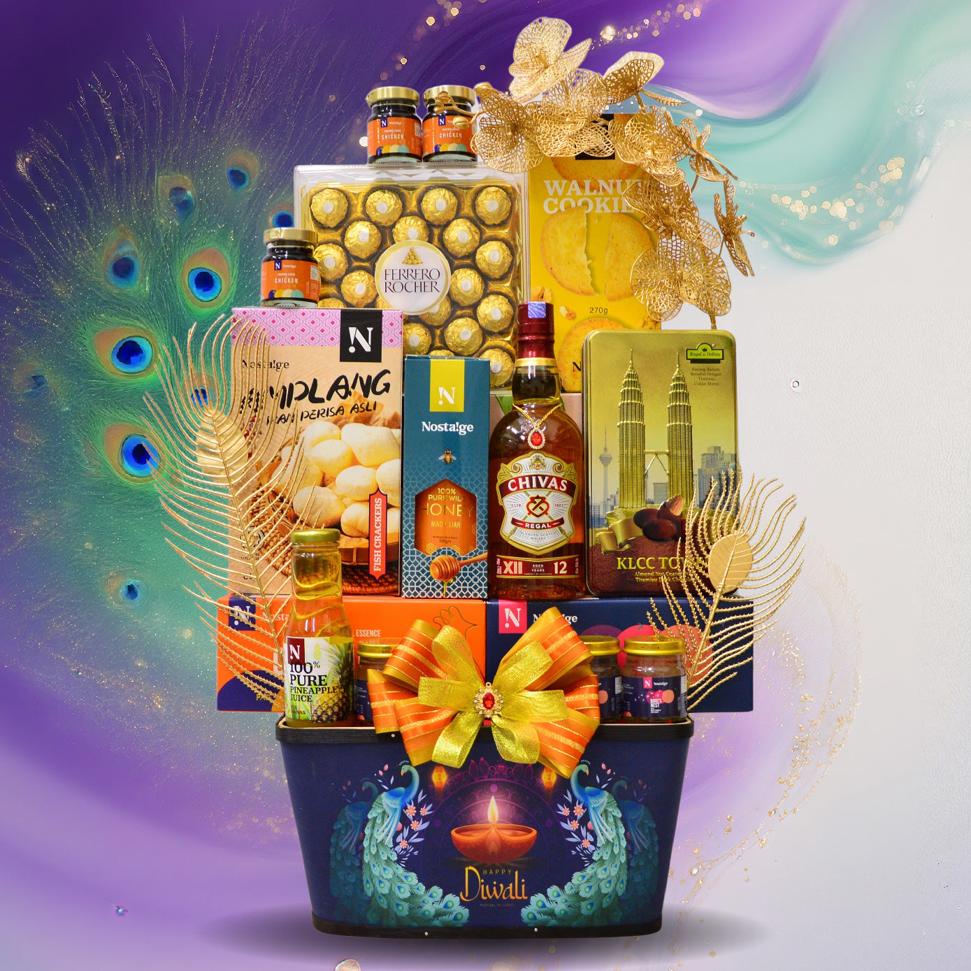 Gift basket with snacks, drinks, and Diwali-themed decor on a colorful background