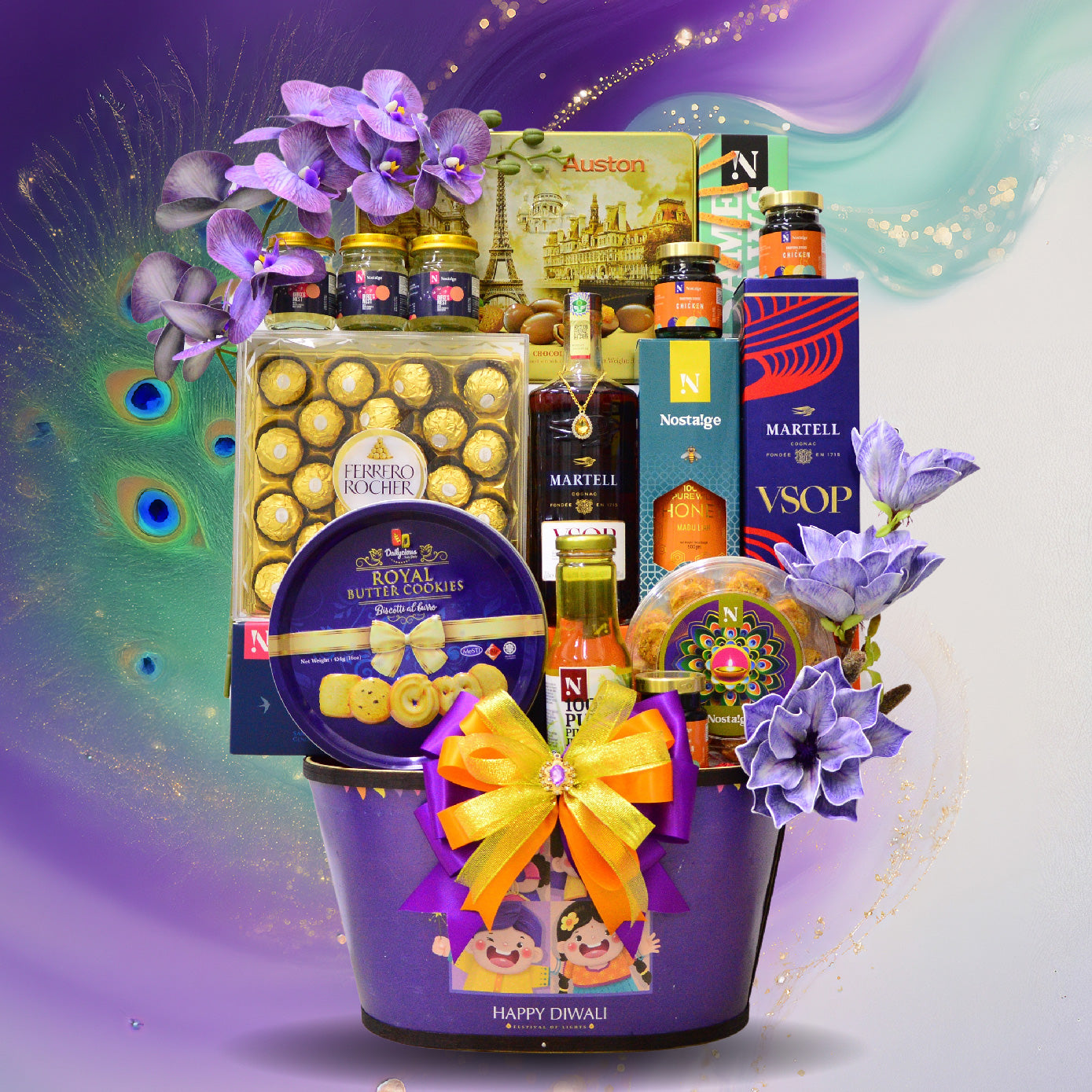 Gourmet gift basket with Diwali-themed packaging and decorative elements on a colorful background.