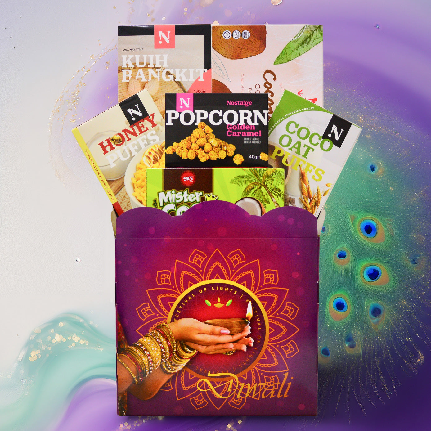 Assorted snack packages with a decorative purple card featuring a hand holding a lamp, on a colorful background.