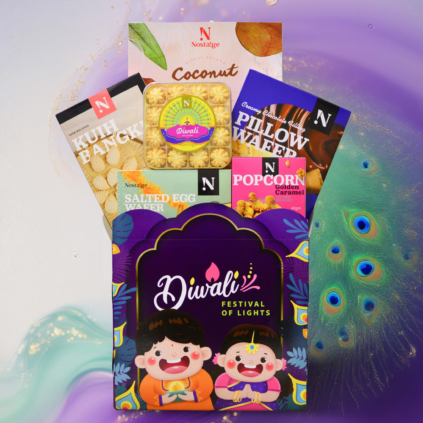 Assorted snack packages with a Diwali-themed packaging on a colorful background