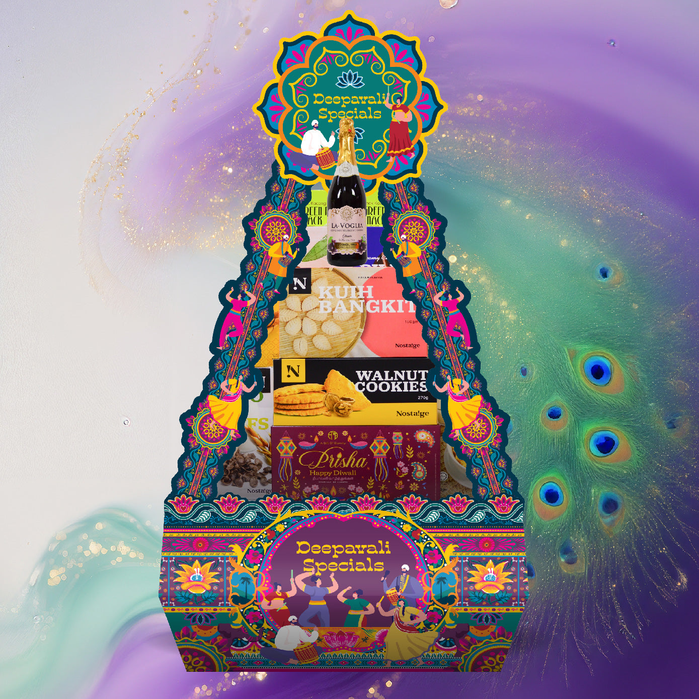 Decorative gift box with various items on a colorful background