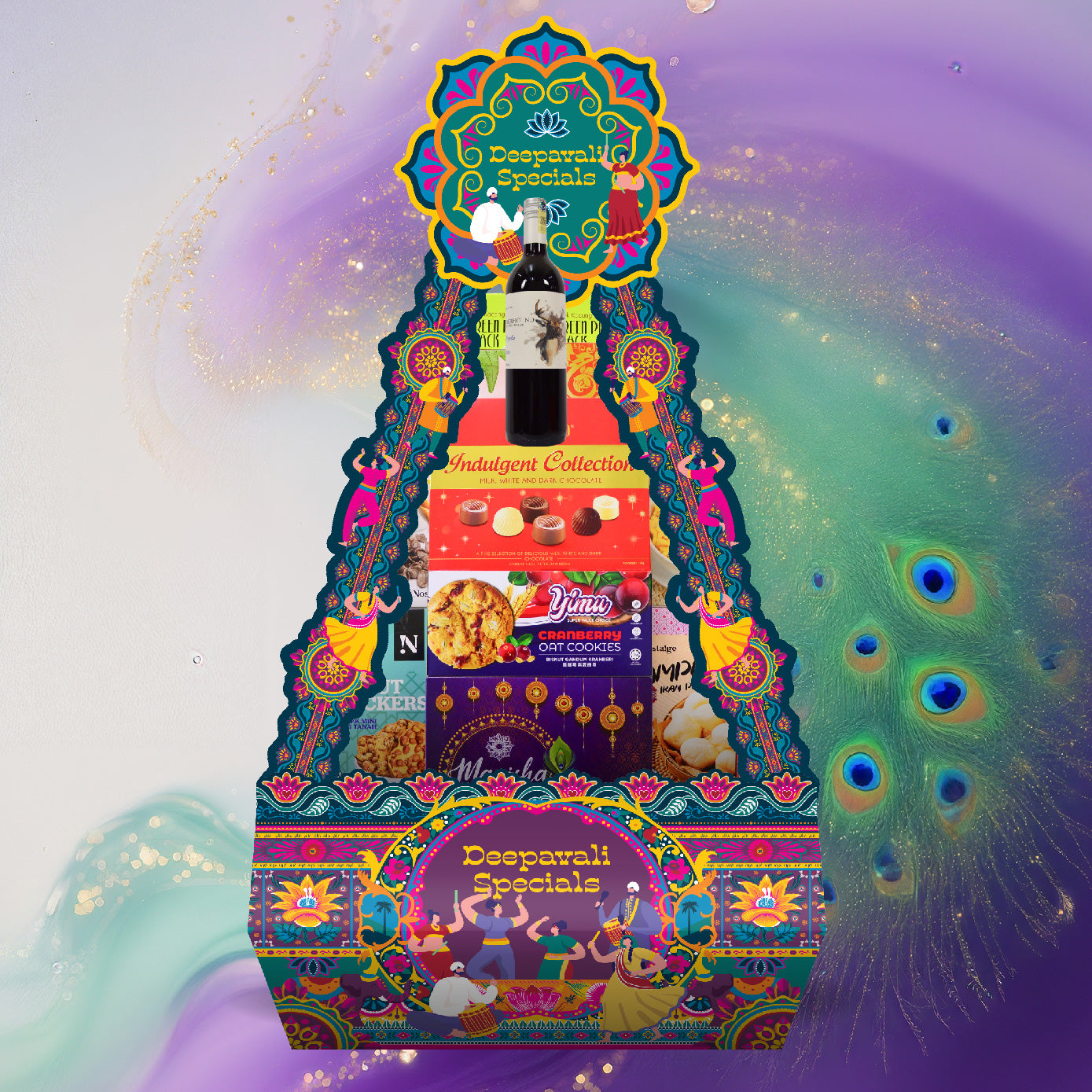 Decorative gift box with Deepavali-themed design on a colorful background
