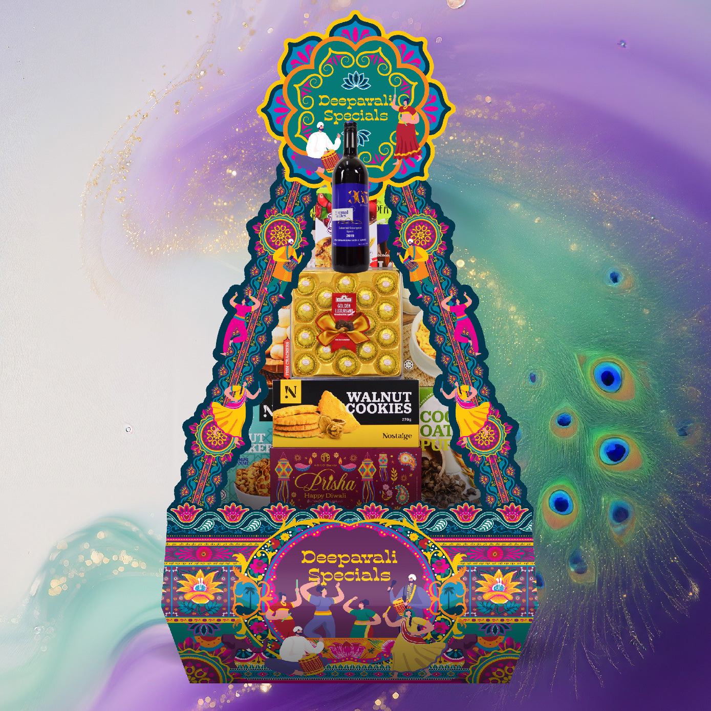 Decorative Deepavali gift basket with various items on a colorful background
