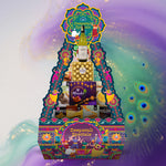 Decorative gift basket with various items on a colorful background