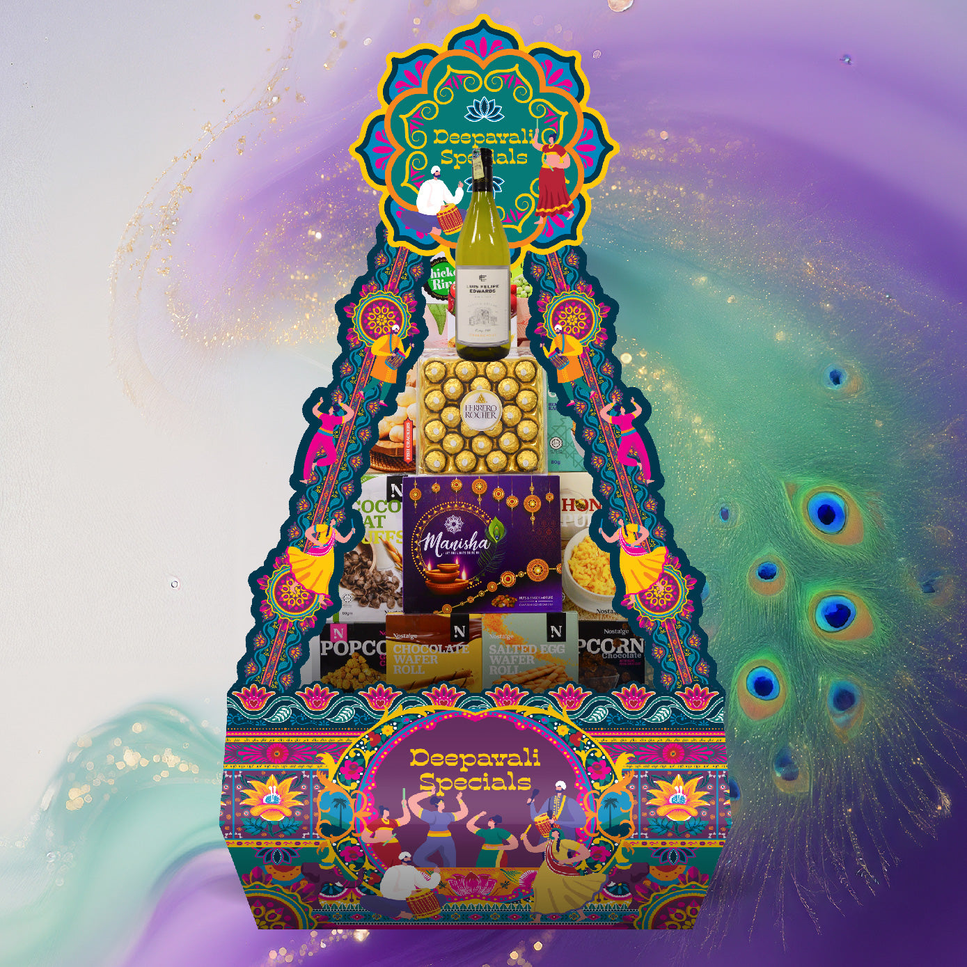 Decorative gift basket with various items on a colorful background