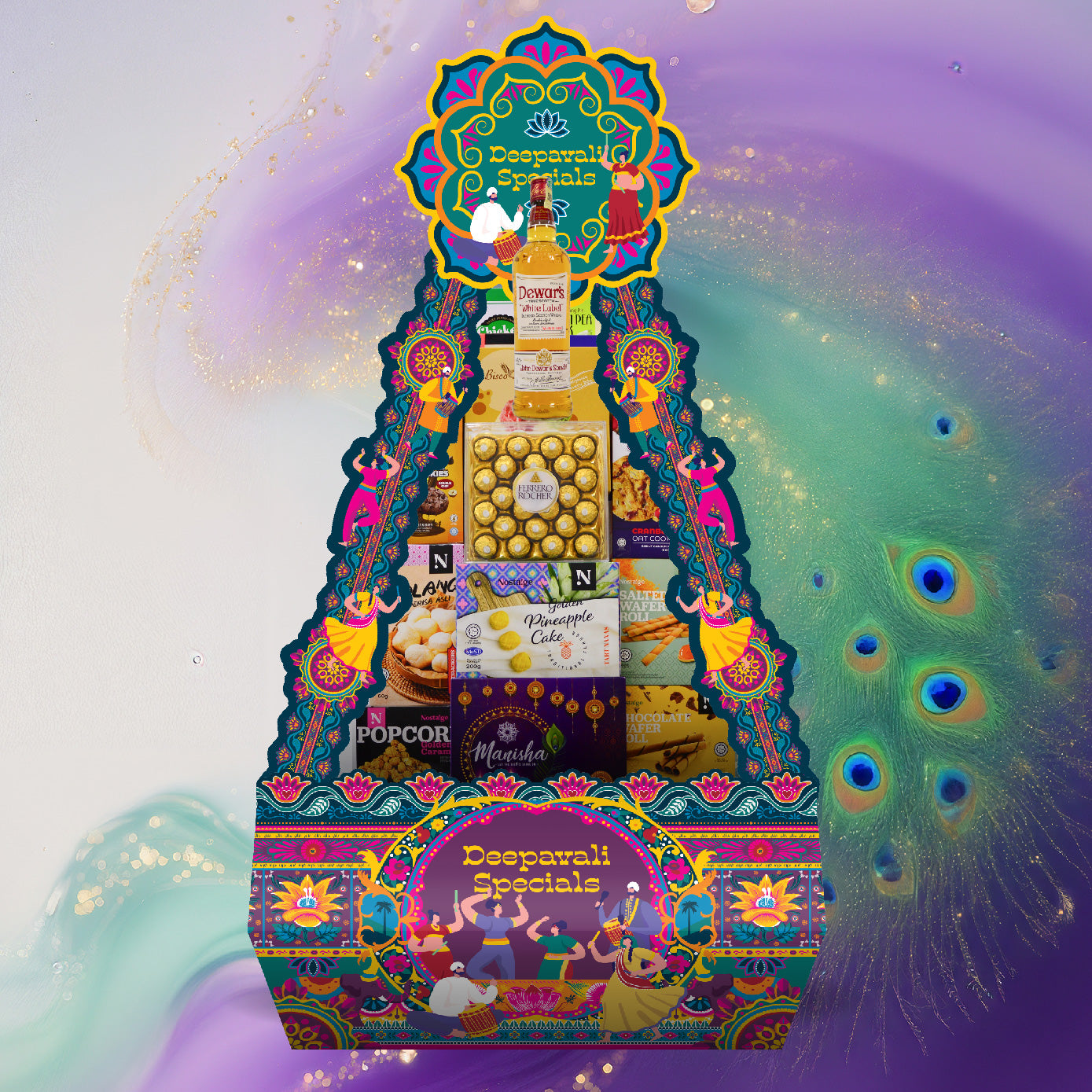 Decorative Deepavali gift box with various items on a colorful background