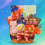 Gift basket with various items on a gradient blue and green background