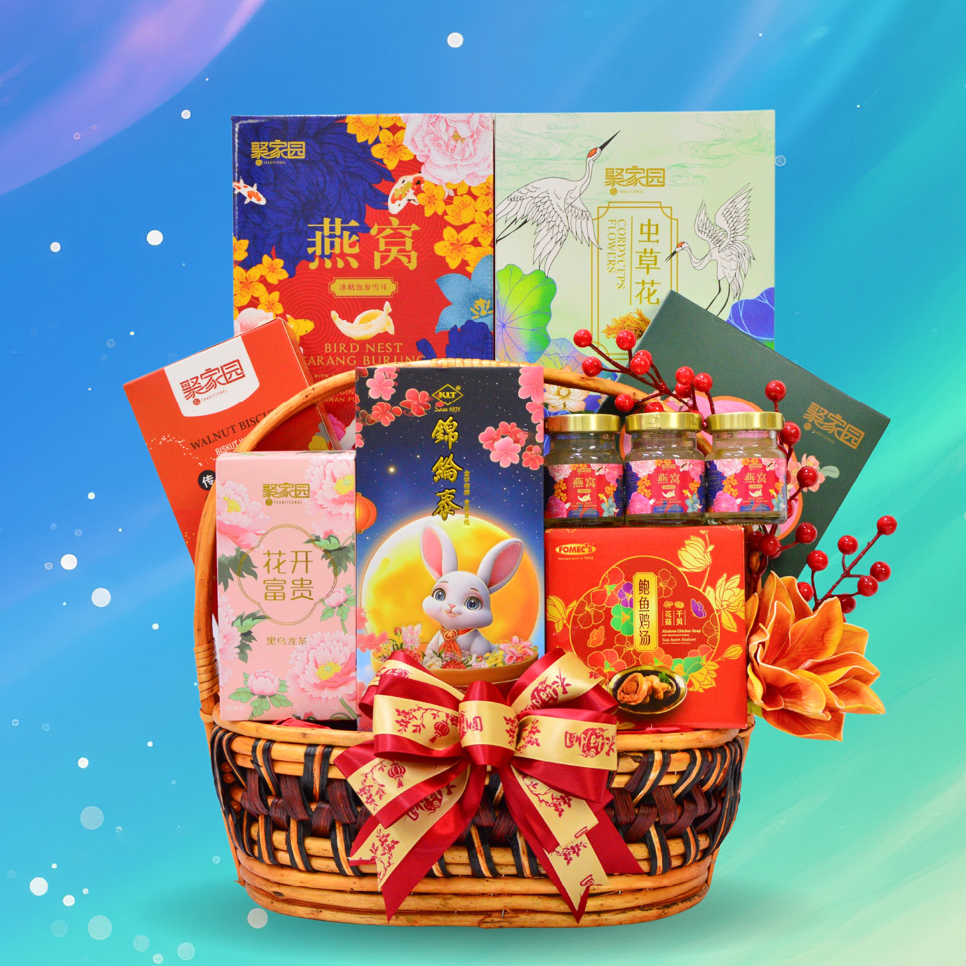 Gift basket with various items on a gradient blue and green background
