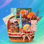 Gift basket with various items including a bottle, snacks, and flowers on a gradient blue background