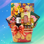 Gift basket with wine, snacks, and decorative items on a colorful gradient background