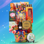 Gift basket with various items including a bottle of Martell, flowers, and decorative boxes on a gradient blue and green background.