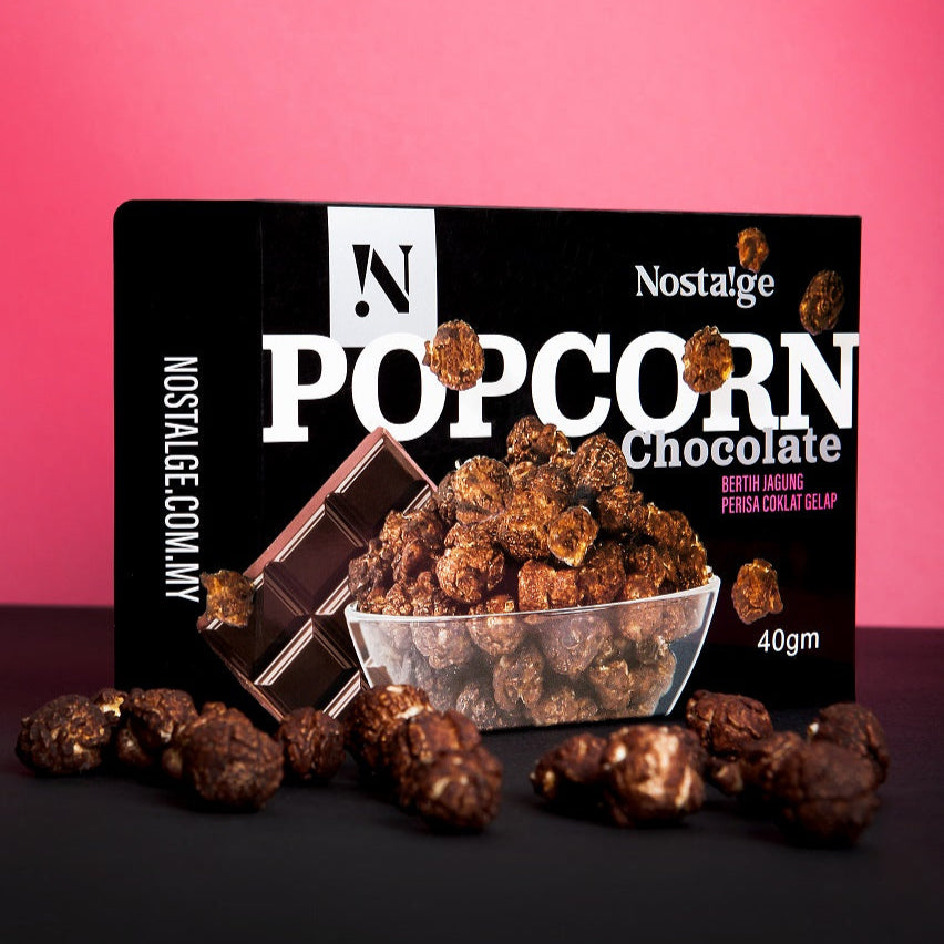 Nostalgia popcorn chocolate packaging with pink background