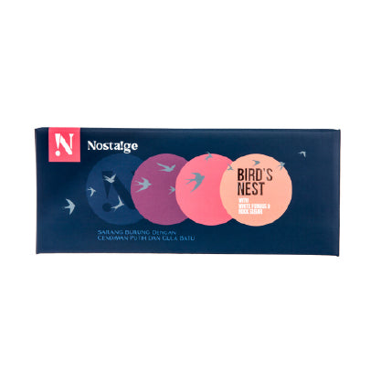 Nostalgé bird's nest packaging with four pink circles on a blue background