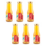 Six bottles of fruit juice with red labels on a white background