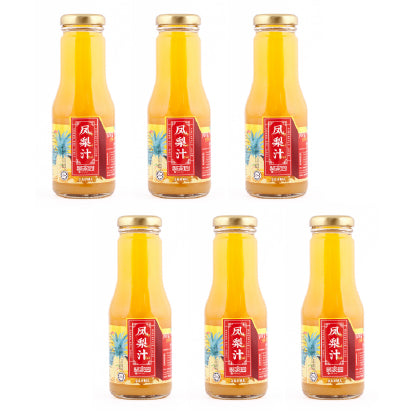Six bottles of fruit juice with red labels on a white background