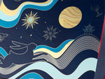 Decorative design with celestial elements like planets and stars on a blue background.
