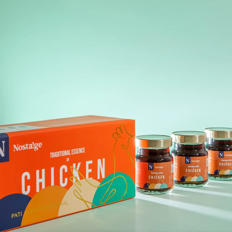 Nostalge chicken seasoning packaging with jars on a light green background