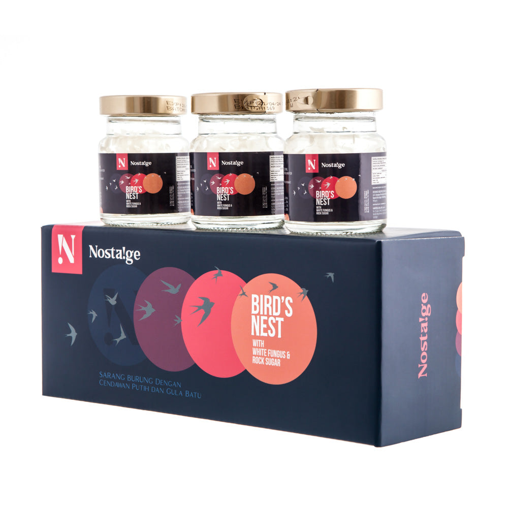 Three jars of Nostalgia Bird's Nest with a branded box on a white background