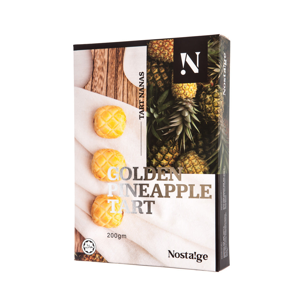 Packaging of Golden Pineapple Tart by Nostalge with images of pineapples and tart on a white background.