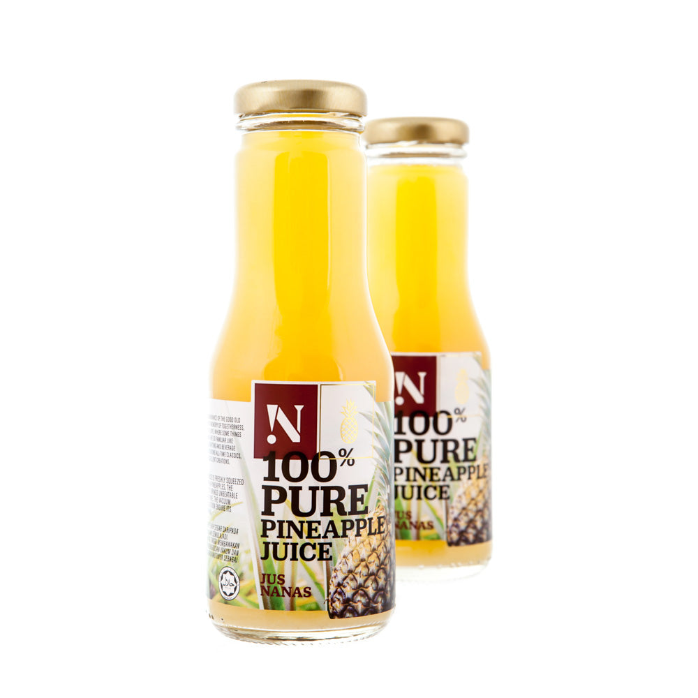 Two bottles of 100% pure pineapple juice on a white background
