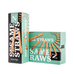 Packaging of Sesame Straws with a green and black design on a white background