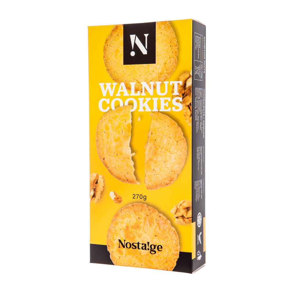 Box of Nostalge walnut cookies on a white background