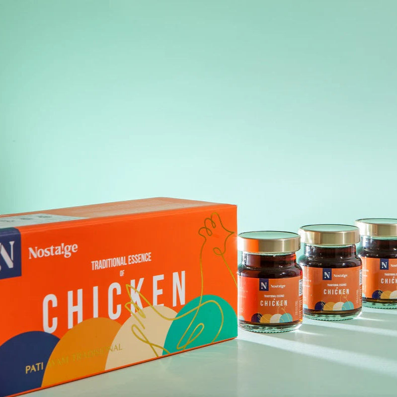 Nostalge chicken seasoning packaging with jars on a light green background