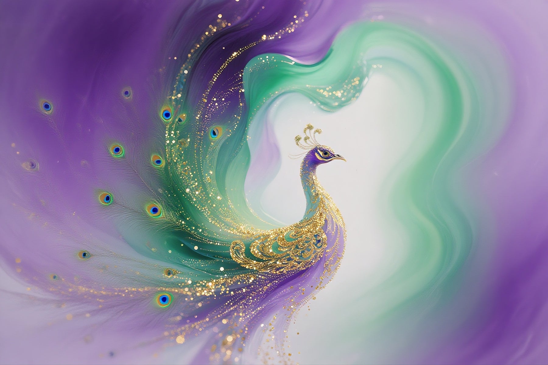 Colorful abstract design with a peacock illustration on a swirling purple and green background