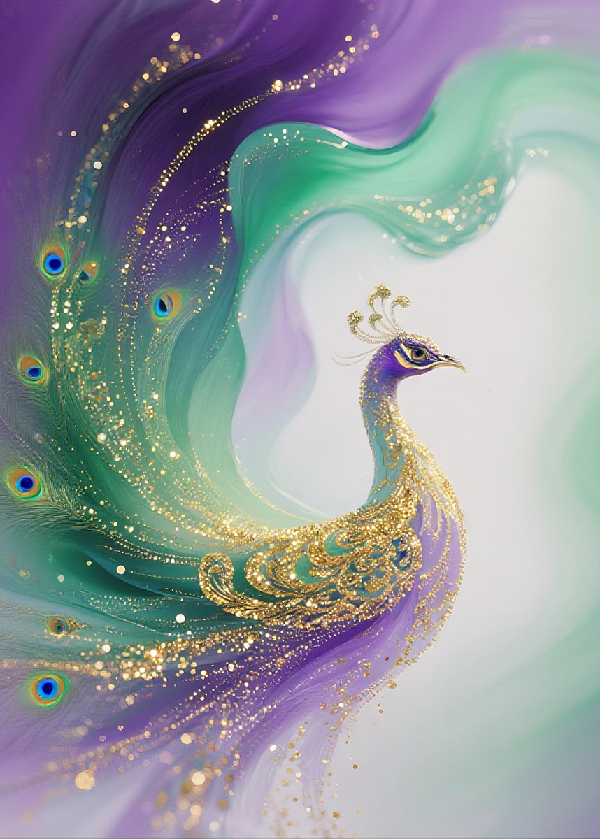 Artistic depiction of a peacock with colorful, swirling background