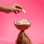 Coconut shell with small items on a pink background